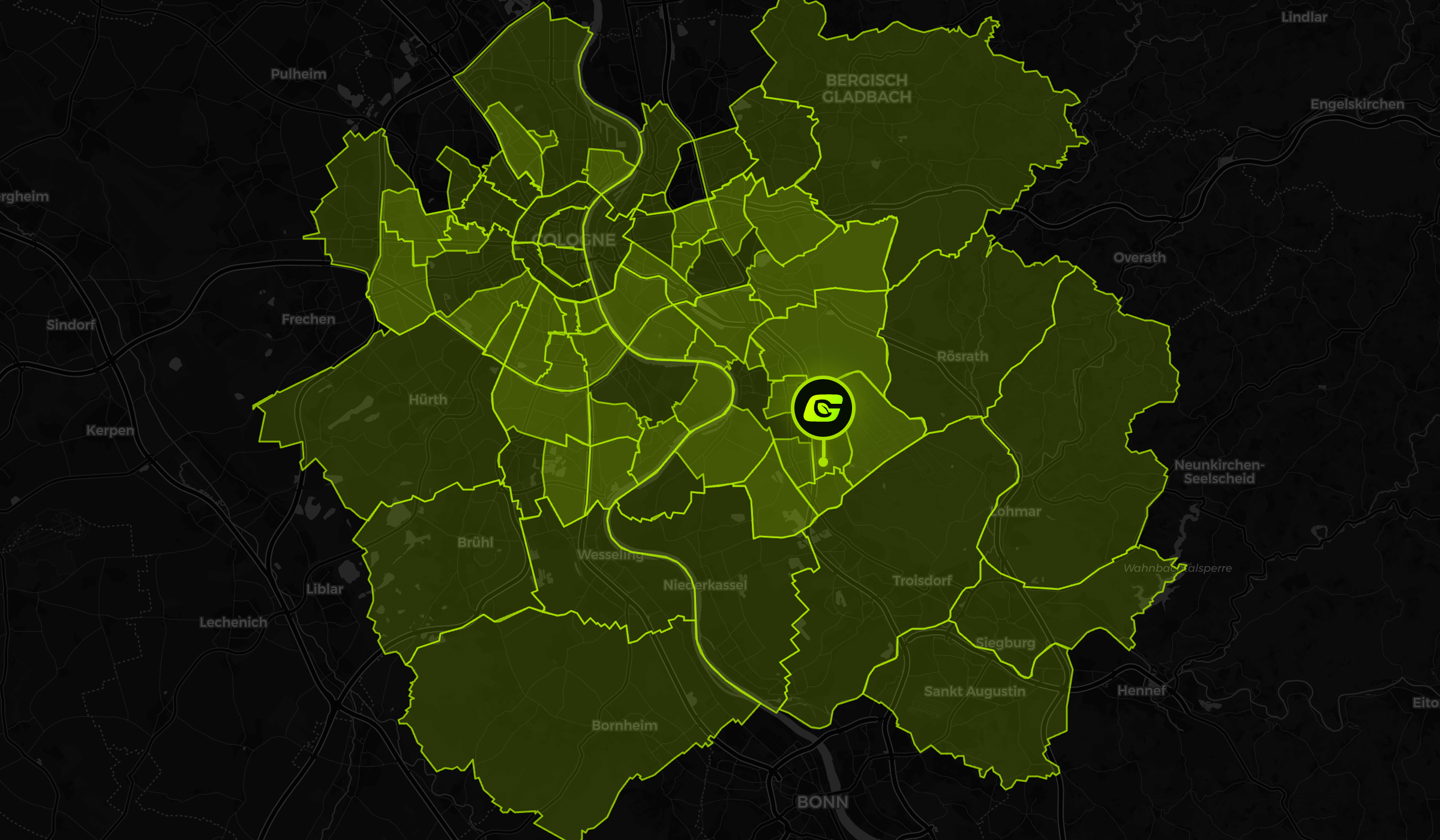GreenTeam Einsatzgebiet — Karte mit allen Kölner Stadtteilen und umliegenden Städten