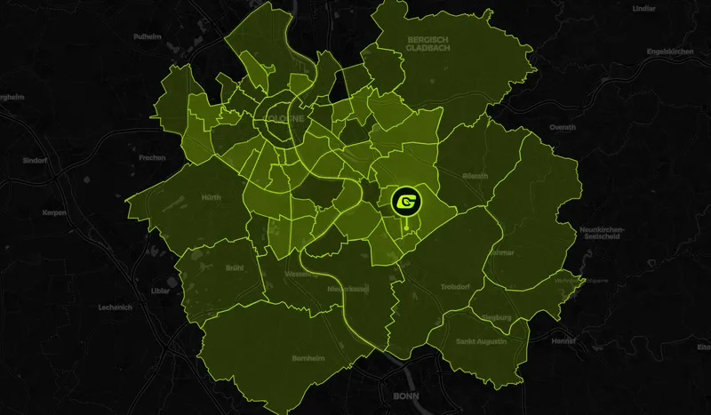 GreenTeam Einsatzgebiet, Karte mit allen Kölner Stadtteilen und umliegenden Städten