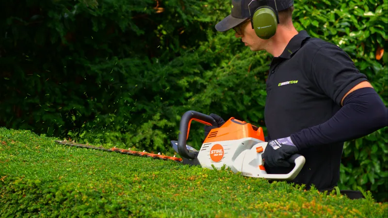 GreenTeam Mitarbeiter schneidet Hecke mit Heckenschere, Heckenschnitt Köln