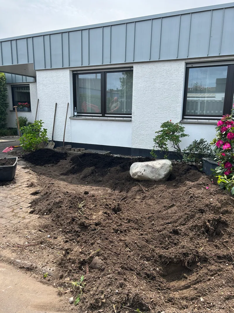 Vorgarten w&auml;hrend der Umgestaltung, Baum wurde entfernt, Fl&auml;che wird vorbereitet